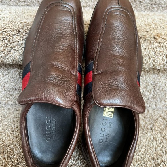 Gucci Men\'s Brown Leather Fabric Stripe Trim Shoes main image 13